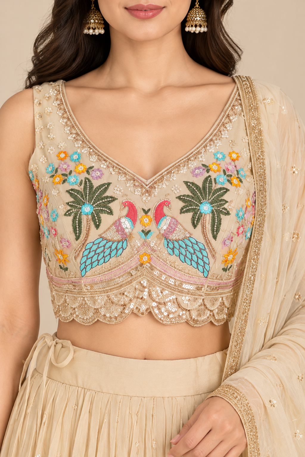 Cream Embroidered Lehenga Choli with Colorful Peacock Work and Dupatta