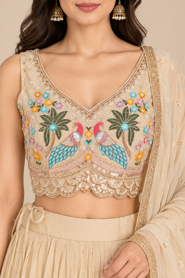 Cream Embroidered Lehenga Choli with Colorful Peacock Work and Dupatta