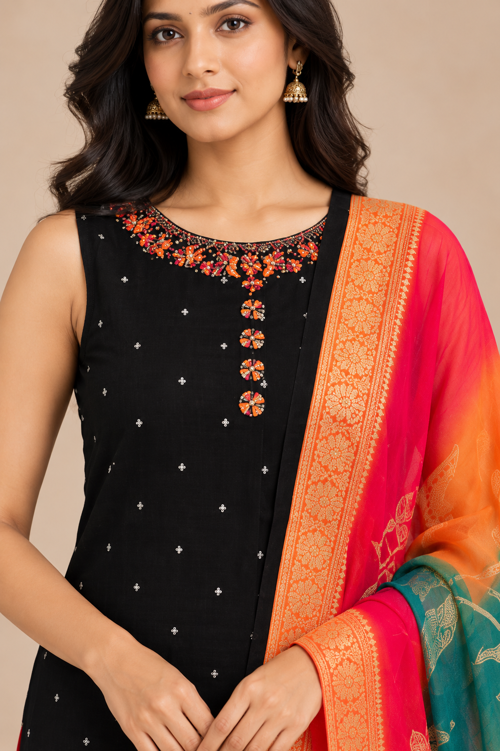 Black Embroidered Kurta Set with Multicolour Printed Dupatta