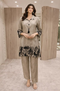 Women's Beige Silk Printed Kurta Pant Set