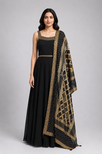 Black Anarkali Gown with Gold Printed Dupatta