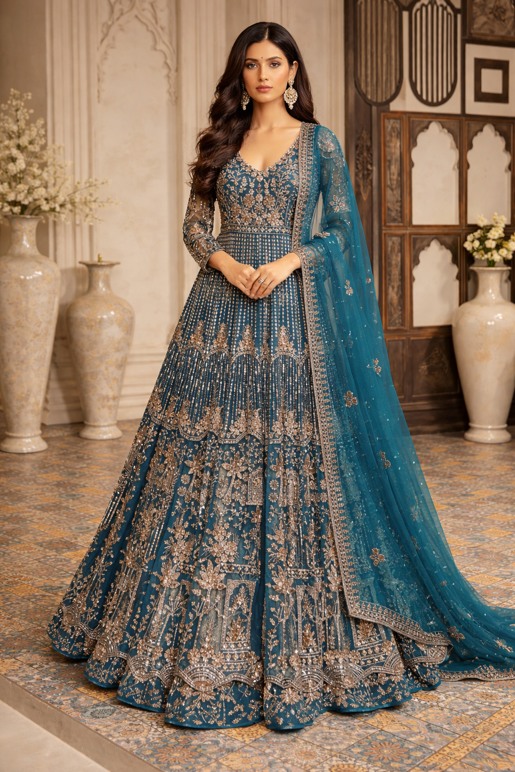 Teal Blue Heavy Embroidered Net Lehenga Set with Dupatta