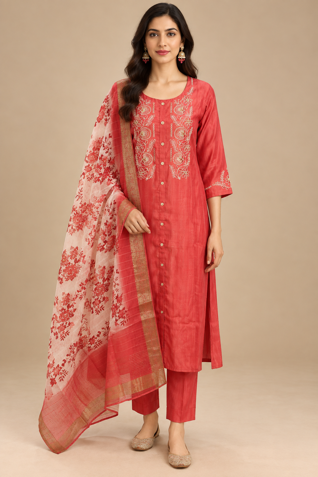 Coral Pink Embroidered Kurta Set with Floral Dupatta