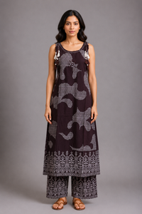Darkest Brown Printed Kurta Palazzo Set with Tassel Detailing