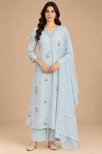 Powder Blue Floral Embroidered Kurta Set with Dupatta