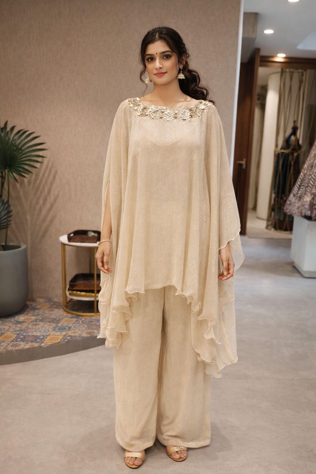 Champagne Gold Crush Tissue Co-Ord Set with Embellished Neckline
