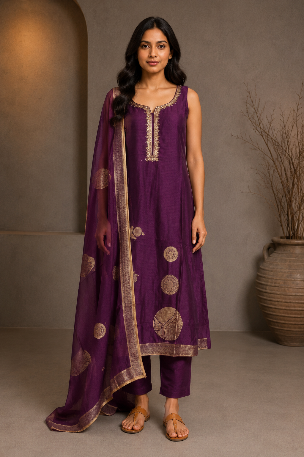 Wine Purple Embroidered Kurta Set with Dupatta