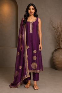 Wine Purple Embroidered Kurta Set with Dupatta