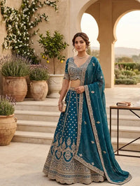 Teal Blue Net Embroidered Lehenga Set