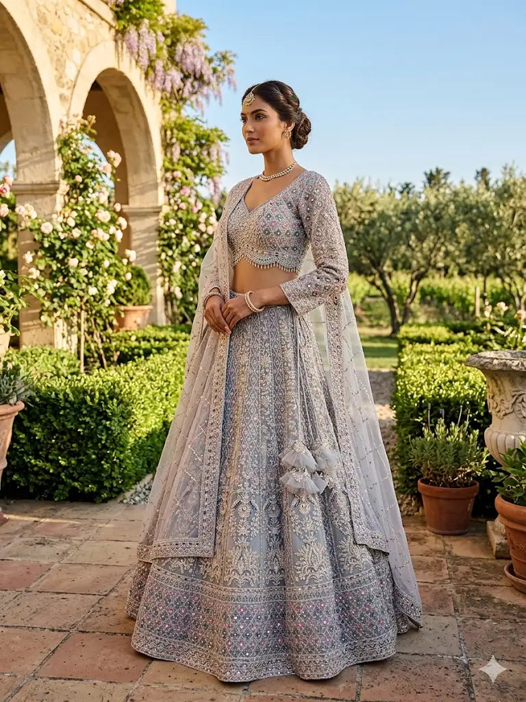 Pastel Grey Net Embroidered Lehenga Set