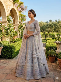 Pastel Grey Net Embroidered Lehenga Set