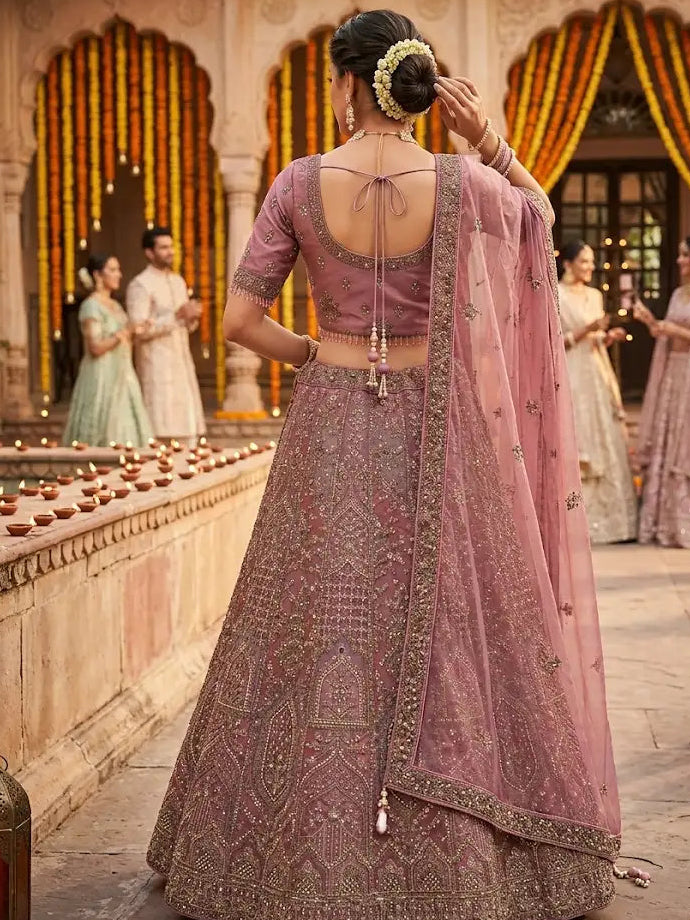 Dusty Rose Embroidered Net Lehenga Set