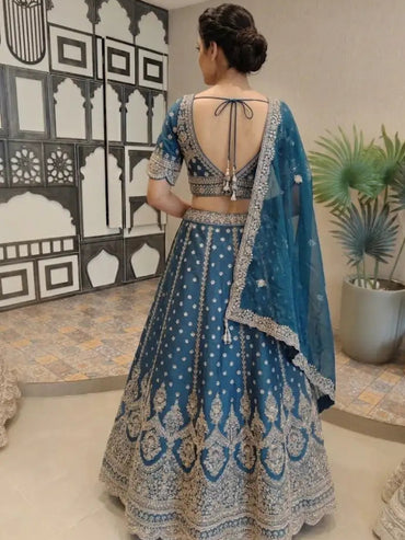 Teal Blue Net Embroidered Lehenga Set