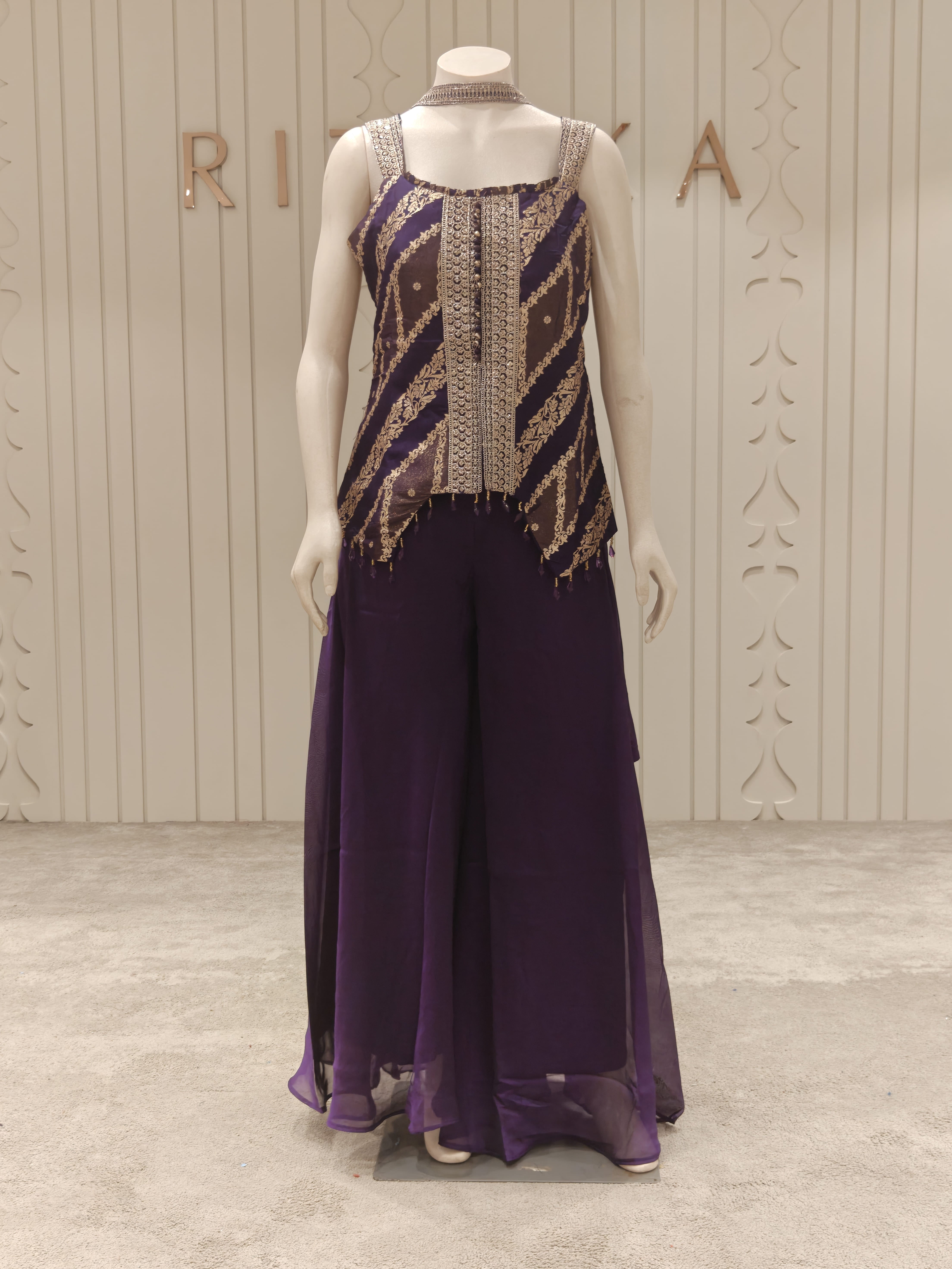 Banaras Tissue Purple Embroidered Sharara Set for Women