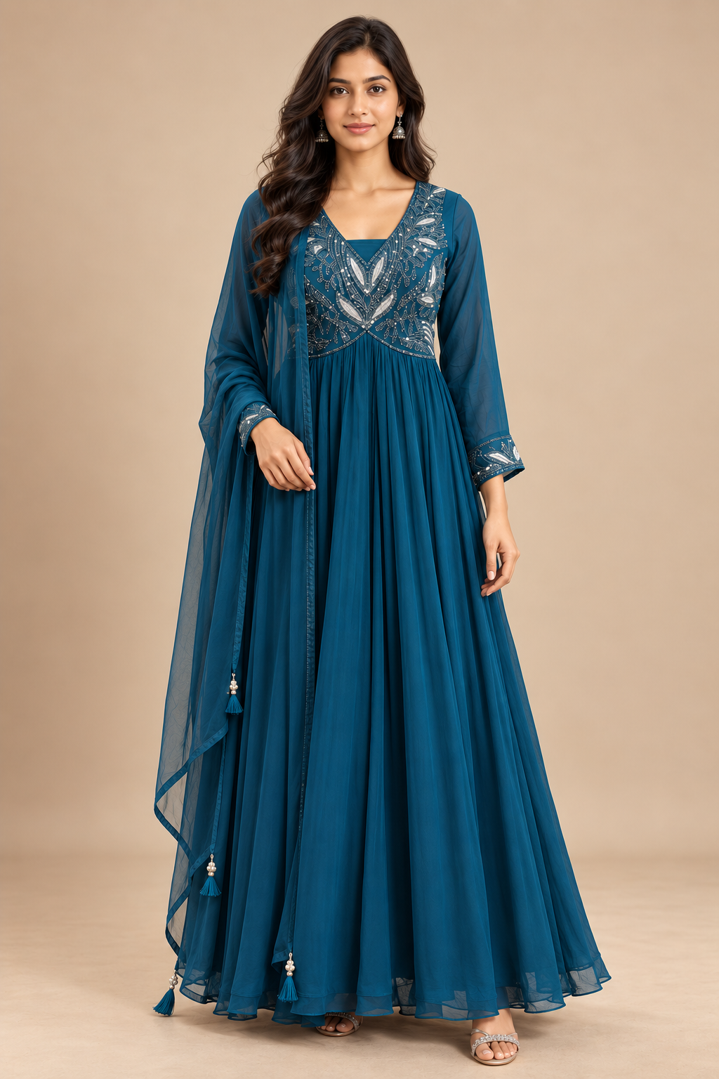 Teal Blue Embroidered Anarkali Suit with Dupatta